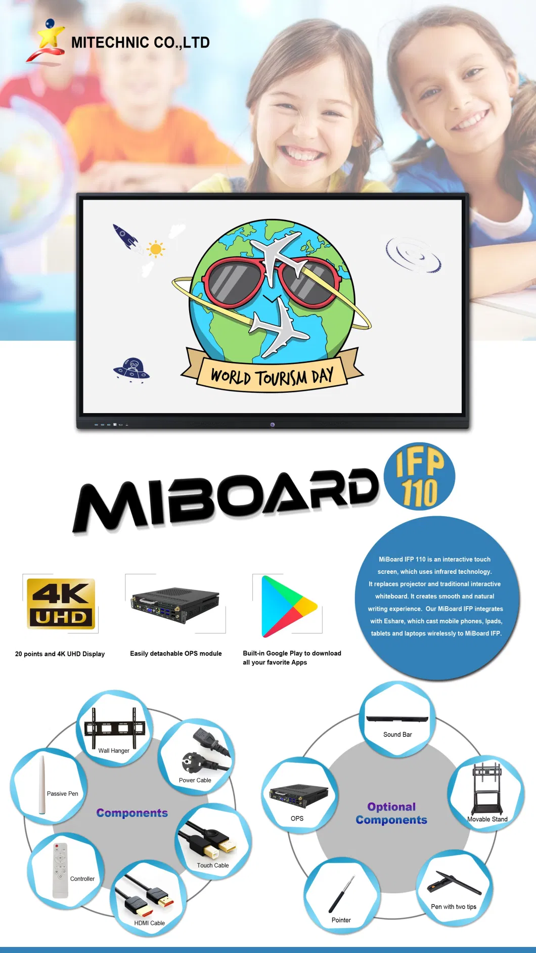 Android Infrared Touch Computer Touch Interactive Flat Smart Board TV LED Miboard Kiosk Conference Meeting Whiteboard Display LCD Screen Ifp 110&quot; Panel